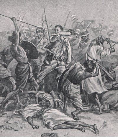 1885年1月17日、アブクレアの広場、1915年の陸と海でのイギリスの戦いのイラスト 作： William Barnes Wollen