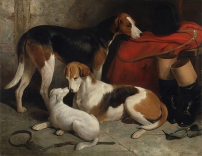 ヘンリー・ベンティンク卿のフォックスハウンドとテリアのカップル、1845年頃（キャンバスに油彩） 作： William Barraud