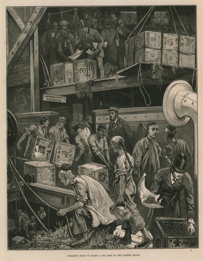 ロンドンの波止場で茶船に乗ってバルクを壊す（版画 作： William Bazett Murray