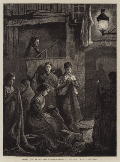 イーストエンドのロンドン生活、街灯の光で袋を作る（版画 作： William Bazett Murray