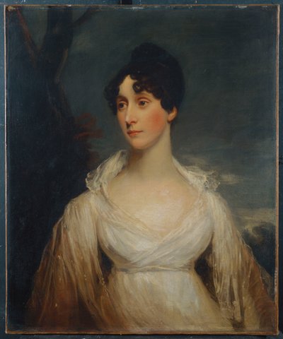 白いドレスを着て座っているハーフレングスの女性の肖像画 作： William Beechey