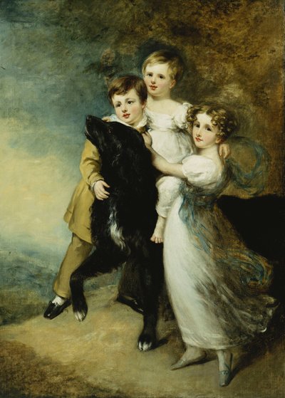 風景の中の犬と3人の子供、 作： William Beechey