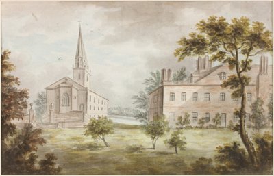 教会と家の風景（紙に鉛筆と水彩） 作： William Beilby