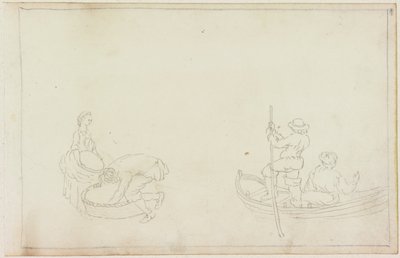 二人のはしけと男と女とバスケット（紙に鉛筆（M749と紙に）） 作： William Beilby
