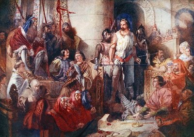 ウィリアム・ウォレス卿（1272〜1305年頃）のウェストミンスターでの裁判（1920年代頃、リチャード・ウィルソン編集の「Lives of Great Men Told by Great Men」からのイラスト）（カラーリトグラフ 作： William Bell (attr. to) Scott