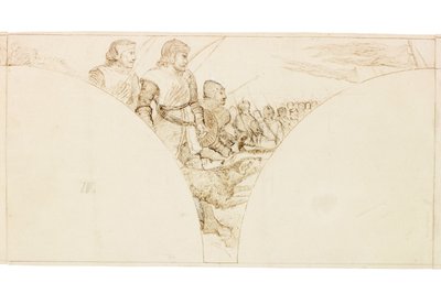 ウォリントンホールの壁画のスケッチ（紙にインクと鉛筆（カードに貼り付け）） 作： William Bell Scott