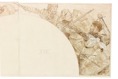 ウォリントンホールの壁画のスケッチ（紙にインクと鉛筆（カードに貼り付け）） 作： William Bell Scott