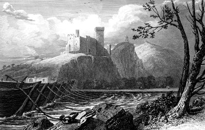 1824年、ボーケール城とフランスのローヌ川に架かる船橋。 作： William Bernard Cooke