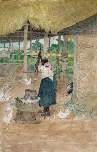 1808年から1816年にかけてジャマイカで活躍したウィリアム・ベリーマン作のキャッサバを叩く女性、ジャマイカ。 作： William Berryman