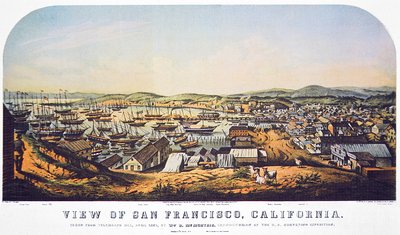 1850年4月、テレグラフ・ヒルから見たカリフォルニア州サンフランシスコの風景（カラーリトグラフ 作： William Birch McMurtrie