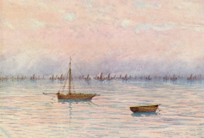 ヘーン湾沖で浚渫するウィツタブルのオイスター・フリート（カラーリトグラフ） 作： William Biscombe Gardner