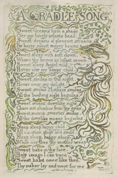 「クレードルソング」、「イノセンスの歌」のプレート25、1789年（水彩で手描きのレリーフエッチング） 作： William Blake