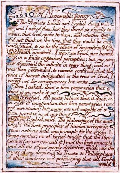 天国と地獄の結婚」のテキスト「記憶に残る空想」、1790-3年頃（ペンと水彩で仕上げたレリーフエッチング） 作： William Blake