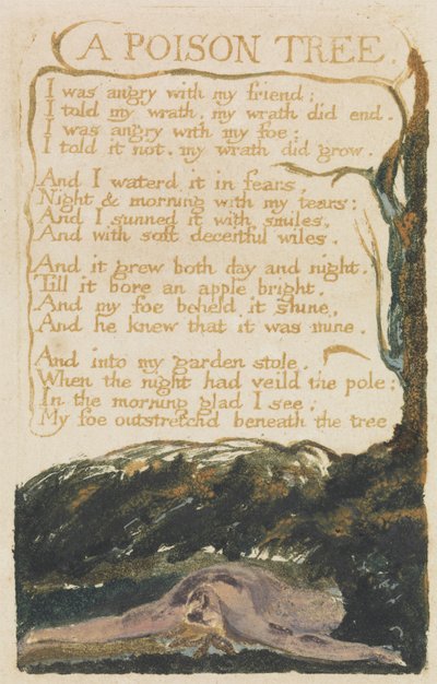 「ポイズンツリー」、「Songs of Experience」のプレート40、1794年（水彩でカラープリントされたレリーフエッチング） 作： William Blake