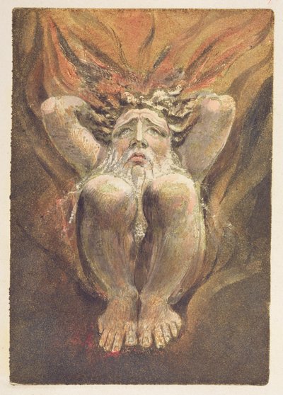 「裸の男が両手を頭の後ろに置いて炎に身をかがめた」、「The First BookofUrizen」のプレート21 作： William Blake