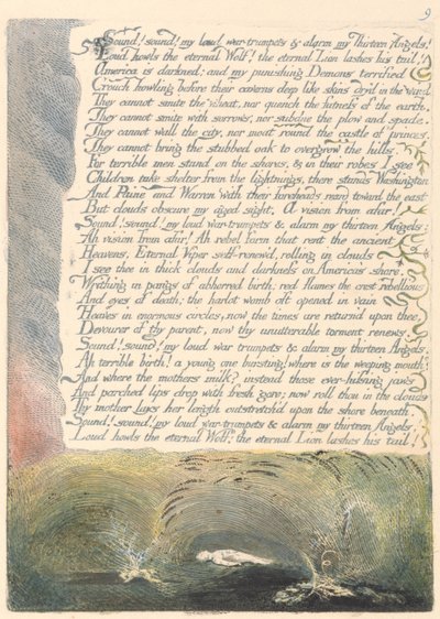 アメリカ。予言、プレート11、サウンド！音！私の騒々しい戦争-トランペット.... 作： William Blake