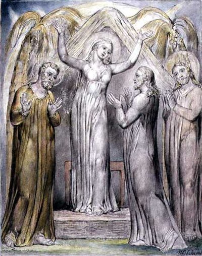母のもとに戻ったキリスト、John Miltonの「Paradise Regained」からの挿絵、1816-18年頃（紙にペンとインク、グレーのウォッシュ、水彩）。 作： William Blake