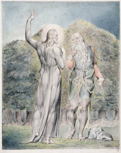 サタンに誘惑されて石をパンに変えようとするキリスト、ジョンミルトンの「Paradise Regained」のイラスト、c.1816-18（ペンとインク、灰色のウォッシュ、紙にトイレ） 作： William Blake