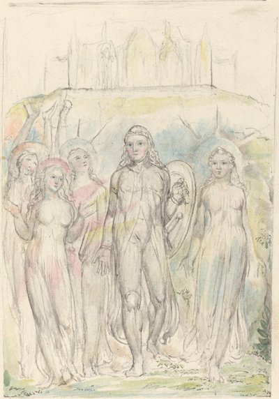 仲間に別れを告げる信仰の盾を持つクリスチャン 作： William Blake