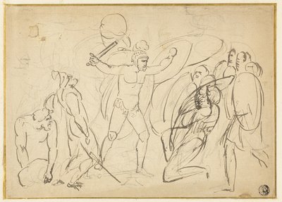 古典的な戦闘（レクト）; 男性ヌードのスケッチ (裏面) 作： William Blake