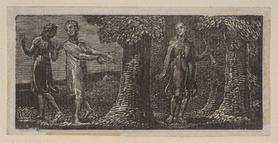 1821年、ヴァージルのソーントンズパストララルズから2人の男の子に嘲笑されたコリント。 作： William Blake