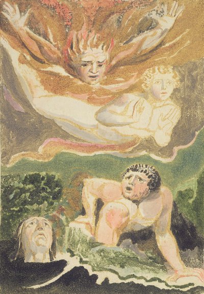 それらの要素から出現する4人の裸の男性、1794年の「The First Book of Urizen」のプレート4（インクとトイレでカラー印刷されたレリーフエッチング） 作： William Blake