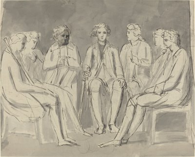 輪になって座っている男性のグループ [直訳] 作： William Blake