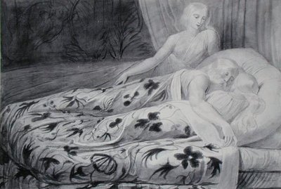 眠っているハルとヘバ、それを守るムネサ、「Tiriel」の挿絵、1788年頃（紙に黒チョークの跡の上にペンとグレーのウォッシュをかけたもの 作： William Blake