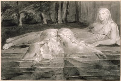 Har and Heva Bathing、Mnetha Looking On、c.1785-89（ブラシ、インク、紙の上で洗う） 作： William Blake