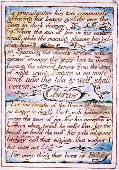 "He promulgates his ten commands..." 「天国と地獄の結婚」のテキスト、1790-3年頃（ペンと水彩で仕上げられたレリーフ・エッチング） 作： William Blake
