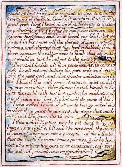私が起源であることがついに証明されるだろう...」、「天の結婚」のテキストとイラスト、1790-3年頃（ペンと水彩で仕上げたレリーフエッチング） 作： William Blake