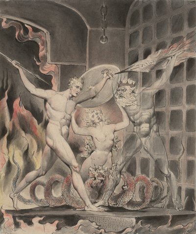 ミルトンの「失われたパラダイス」のイラスト2：サタン、罪、そして死：サタンは地獄の門に来る、1807 作： William Blake