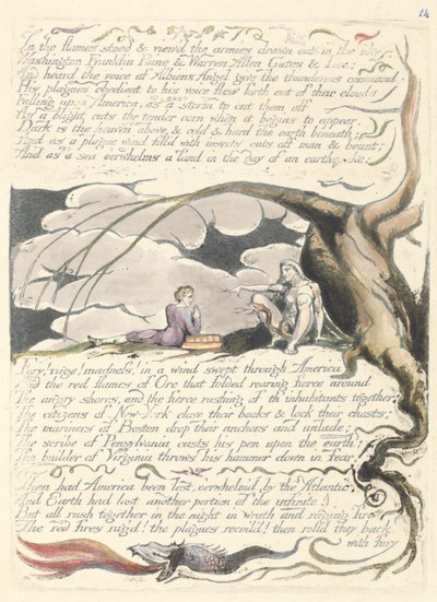 「炎の中に立っていた...」、「アメリカ：予言」のプレート16 作： William Blake