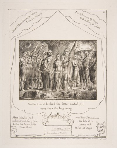 ヨブと彼の妻は、1825-26年の「ヨブ記の挿絵」から繁栄に戻りました。 作： William Blake