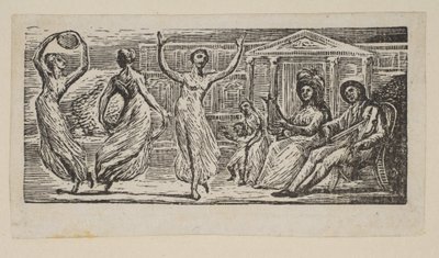 女性の踊りを見るメナルカス、ソーントンのウェルギリウスの牧歌、1821年から。 作： William Blake