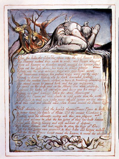 "Over the Hills" 「アメリカ、ある予言」よりプレート16 作： William Blake