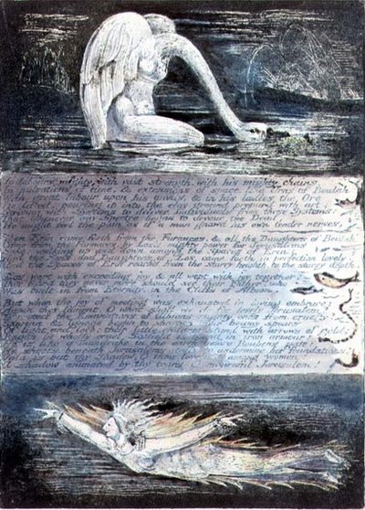 プレートII、エルサレム、1804年から20年頃。アルビオンの娘たちが白鳥や魚のような生き物で表現されている 作： William Blake