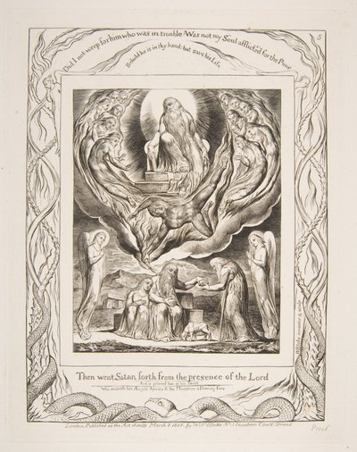 1825-26年、主の臨在から、 『ヨブ記』の挿絵から、サタンが前進した。 作： William Blake