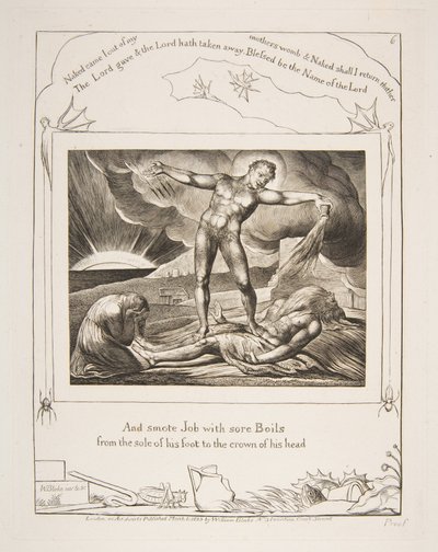 仕事の書、1825年から26年のイラストから、サタンが沸騰して仕事を送る。 作： William Blake