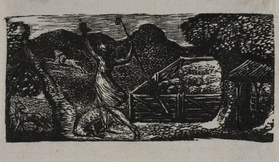 ウェルギリウスの牧歌より、羊飼いがオオカミを追い払う 作： William Blake