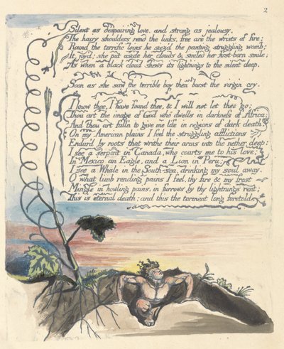 「絶望的な愛として沈黙...」、「アメリカ：予言」のプレート4 作： William Blake