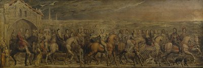 ジェフリー・チョーサー卿（1342-1400年頃）とカンタベリーへの旅をする9人と20人の巡礼者たち（テンペラ、カンヴァス） 作： William Blake