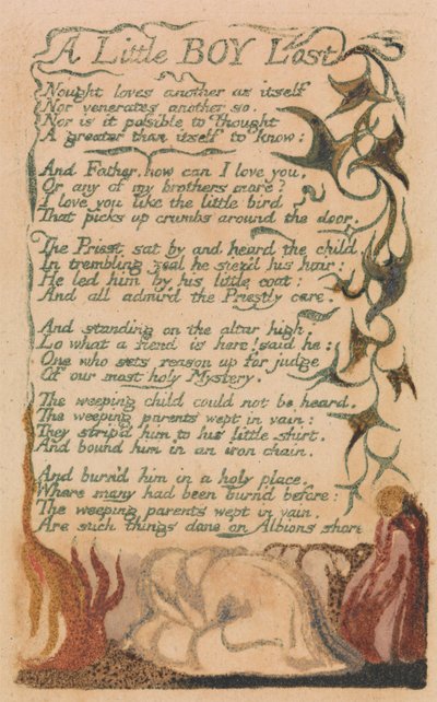 無垢と経験の歌、プレート 43、「A Little Boy Lost」(Bentley 50) 作： William Blake