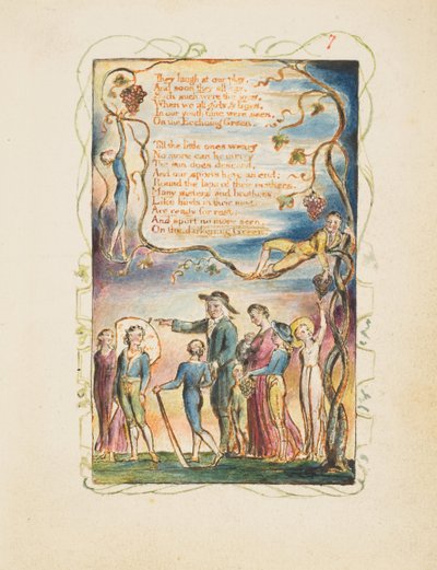 純真の歌と経験の歌。The Ecchoing Green 2枚目のプレート、1825年頃。 作： William Blake