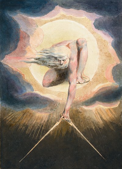 古代の日 - Urizen measuring out the material world - Urizen measured the material world.書籍「ヨーロッパ」の表紙のイラスト。予言へ。"ウィリアム・ブレイク（1757-1827）のドローイング 作： William Blake