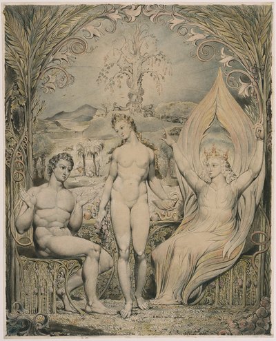 アダムとイヴを伴う大天使ラファエル（ミルトンの『失楽園』の挿絵） 作： William Blake
