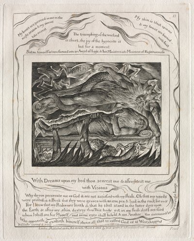 ヨブ記: Pl. 11. 夢をベッドの上に置いて、あなたは私を怖がらせ、怖がらせる 作： William Blake