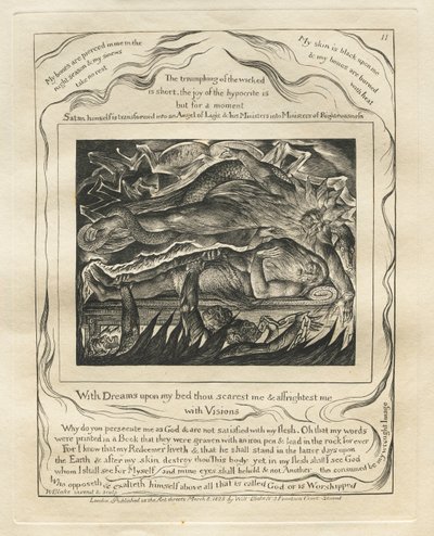 ヨブ記: Pl. 11. 夢をベッドの上に置いて、あなたは私を怖がらせ、怖がらせる 作： William Blake