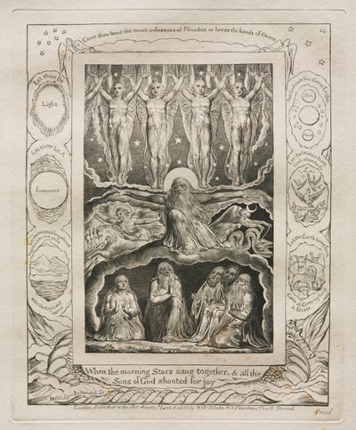 ヨブ記: Pl. 14、明けの明星が共に歌い、すべての神の子らが歓声を上げたとき 作： William Blake