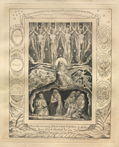 ヨブ記: Pl. 14、明けの明星が共に歌い、すべての神の子らが歓声を上げたとき 作： William Blake